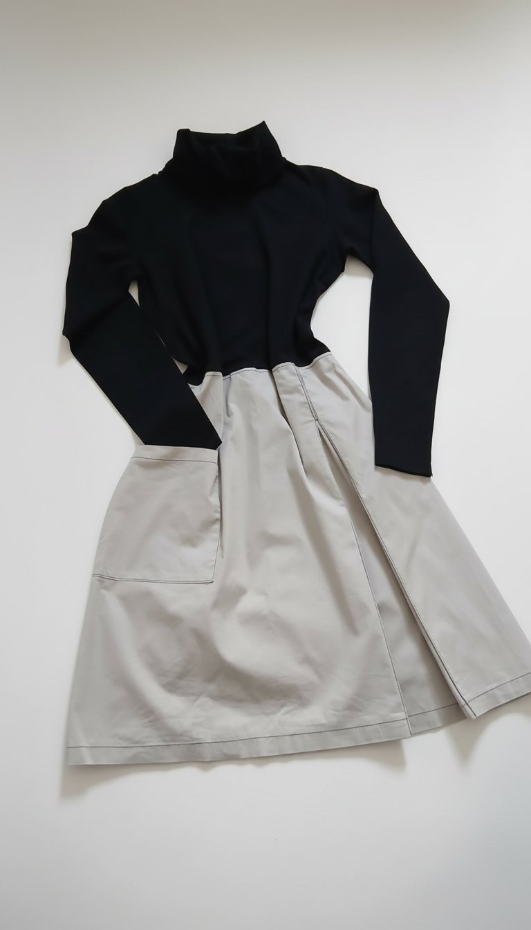 Robe midi noire et beige - Style moderne avec poche frontale - Look chic et original