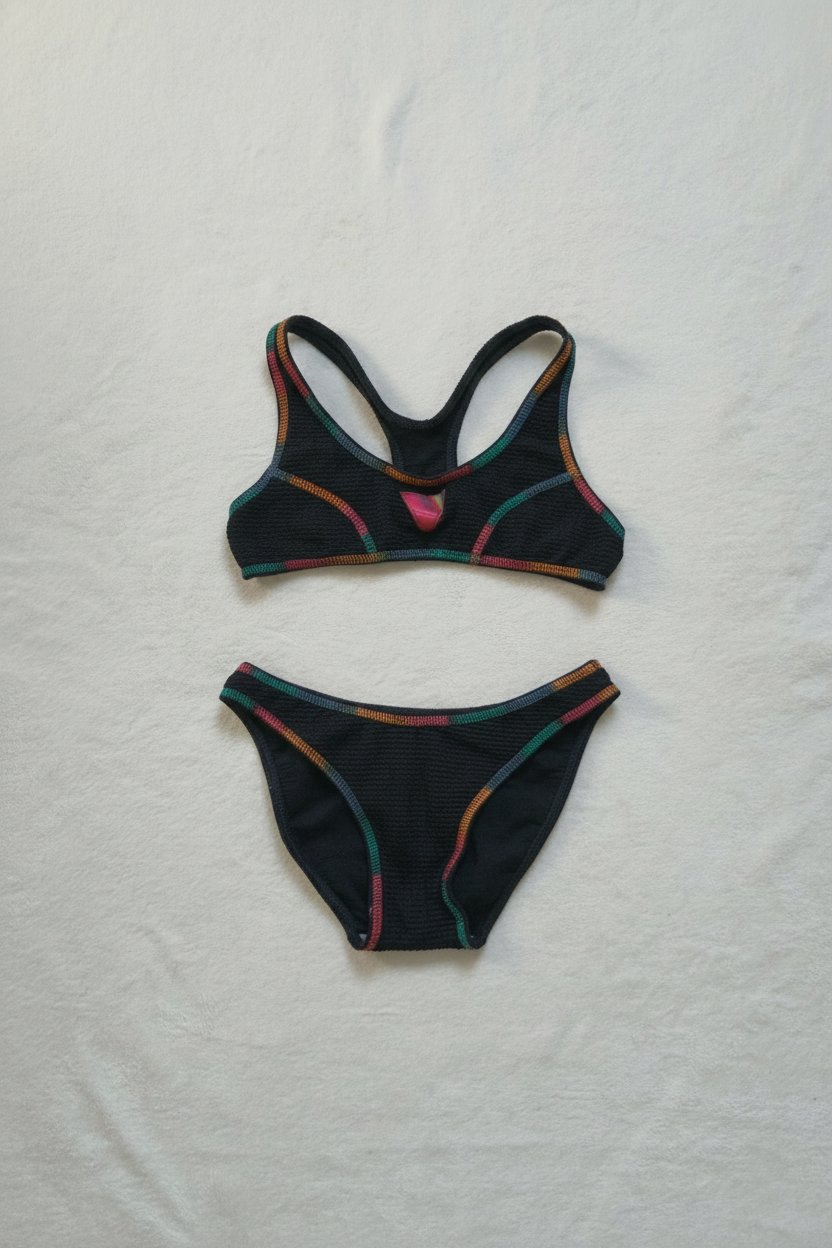 Bikini Noir Texturé avec Détails Multicolores 