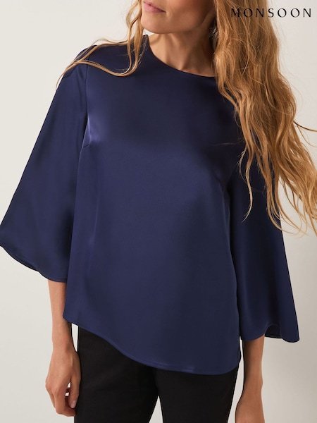 Haut Massimo Dutti bleu marine à manches cloche - Taille 38 chic
