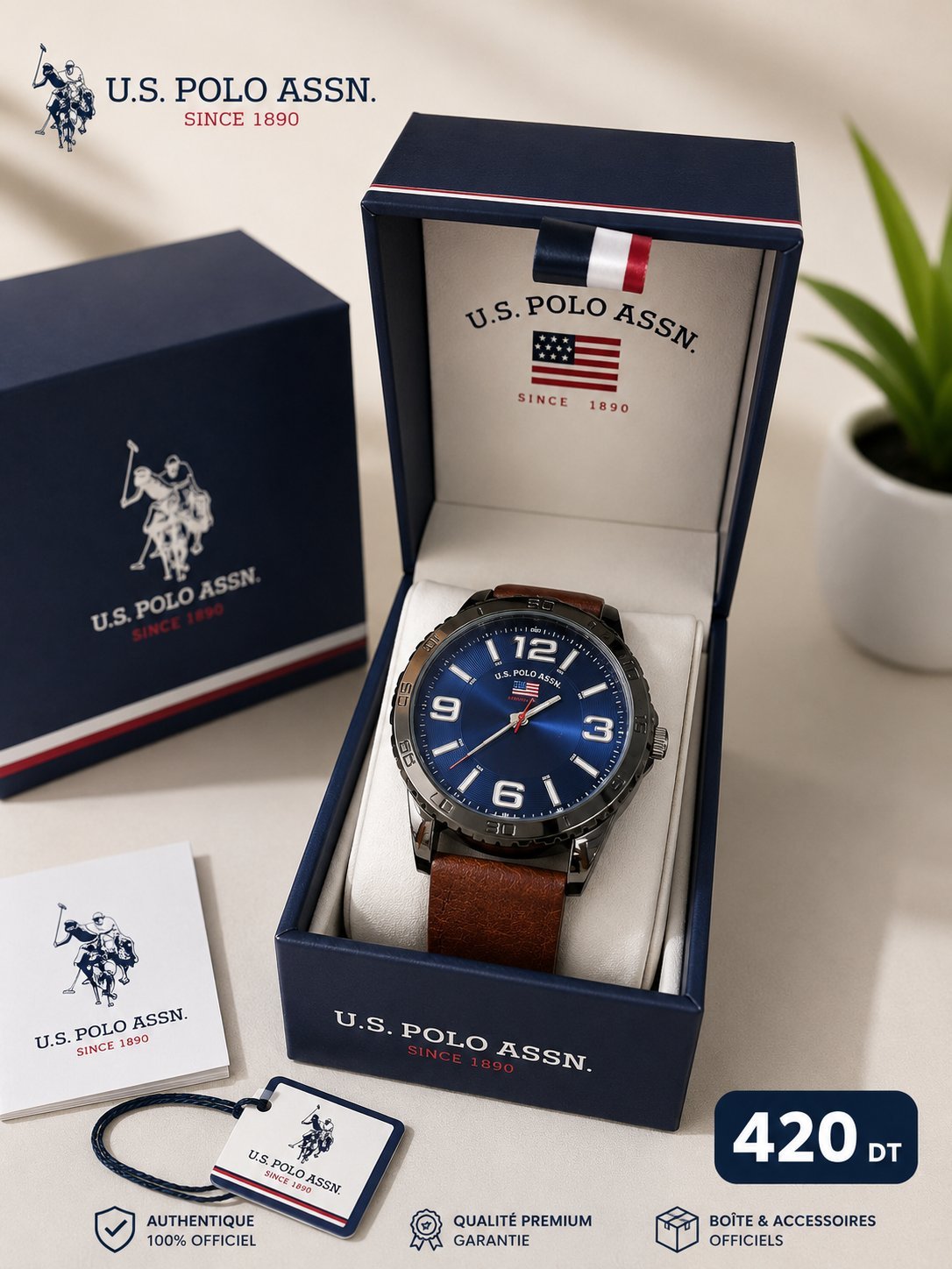 Montre homme ceinture cuir marron et fond bleu