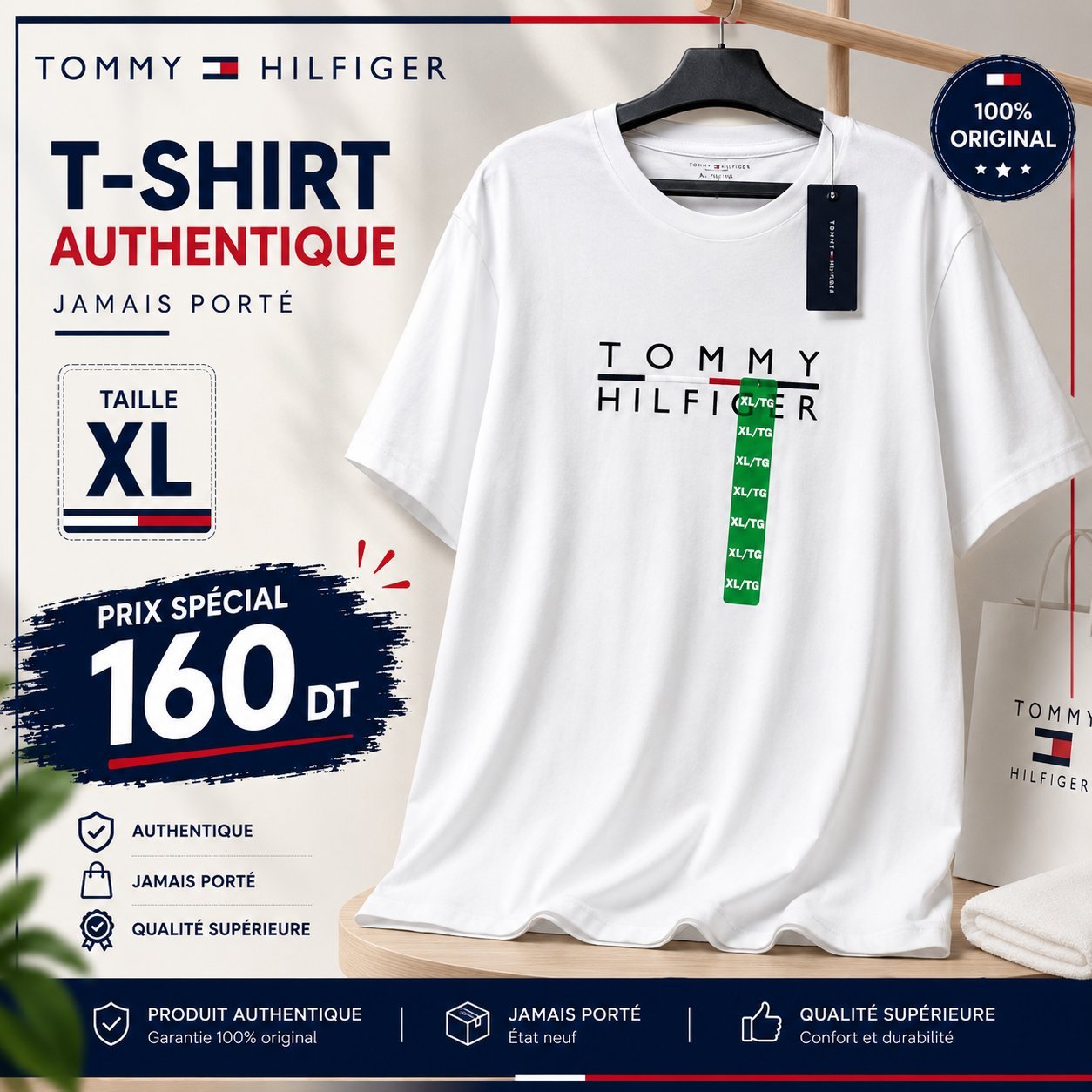 T-shirt blanc pour homme TOMMY HILFIGER authentique et jamais porté 