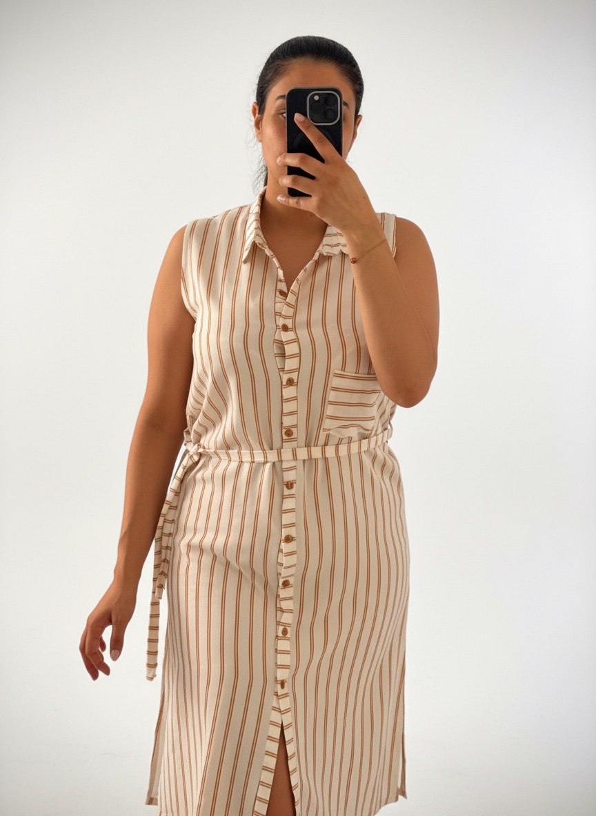 À vendre : superbe robe fluide blanche à rayures camel