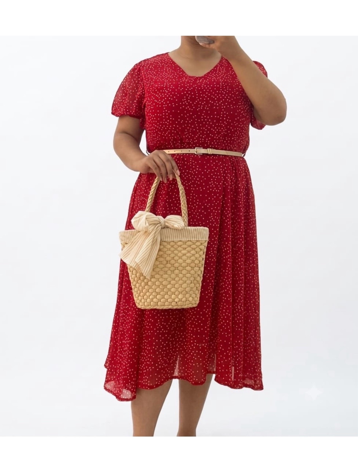 Robe longue rouge à pois blancs – Taille XL (sans ceinture) 
