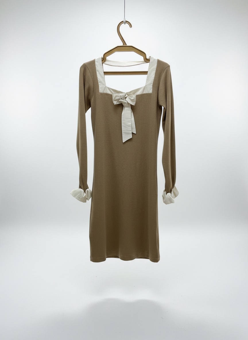 Robe beige élégante avec col carré et nœud – Taille 40 (L) – Neuve
