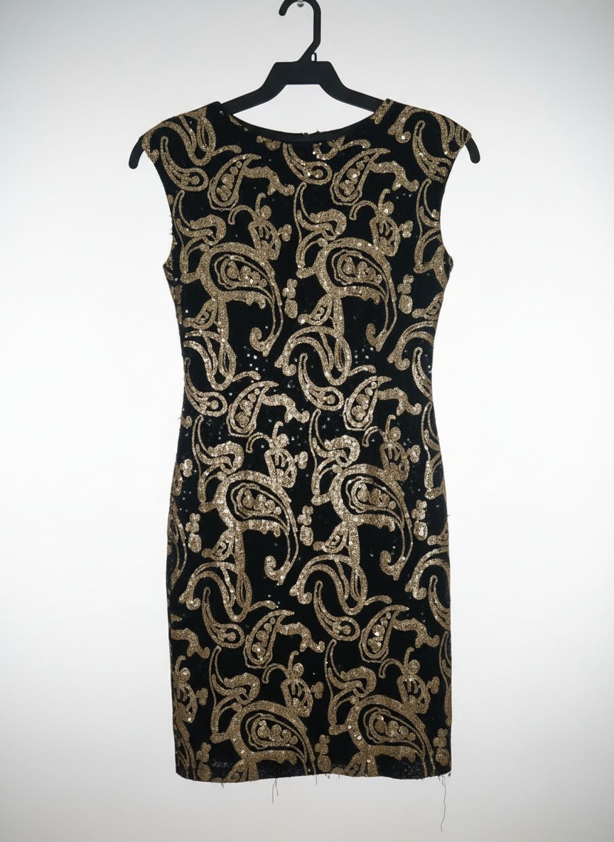 Élégante robe de soirée noire de longueur intermédiaire, sublimée par des motifs dorés.