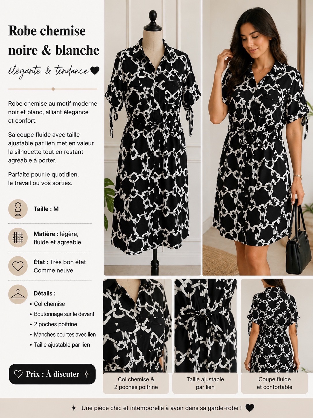 ✨ Robe chemise noire et blanc elegante et tendence✨