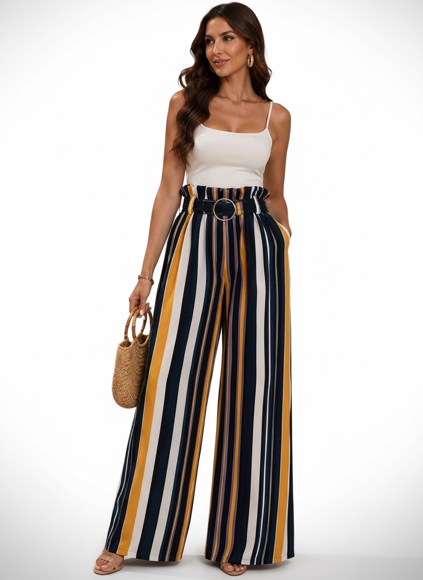 Pantalon large  fluide elegant a rayures  verticales avec ceinture