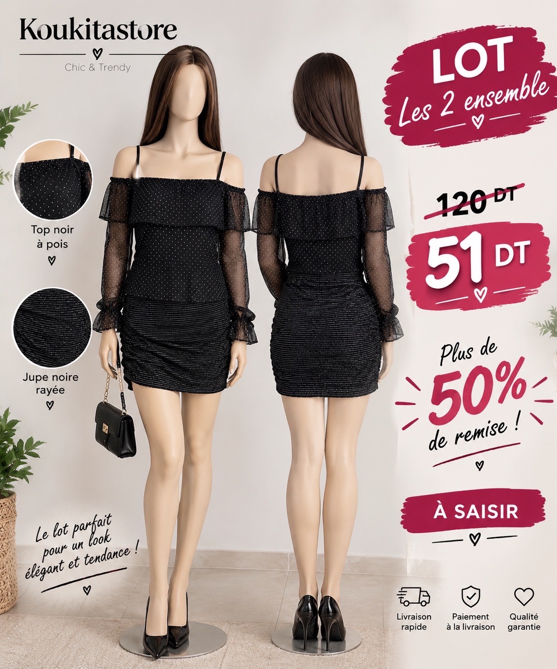 💥 PROMO -57% Top + Jupe noire – Le lot à 51 DT