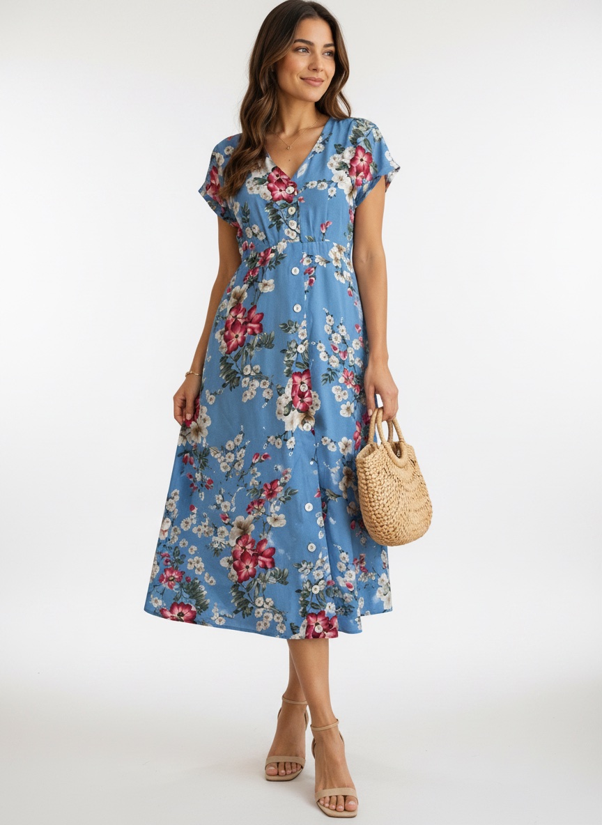 Robe midi fleurie bleu ciel 