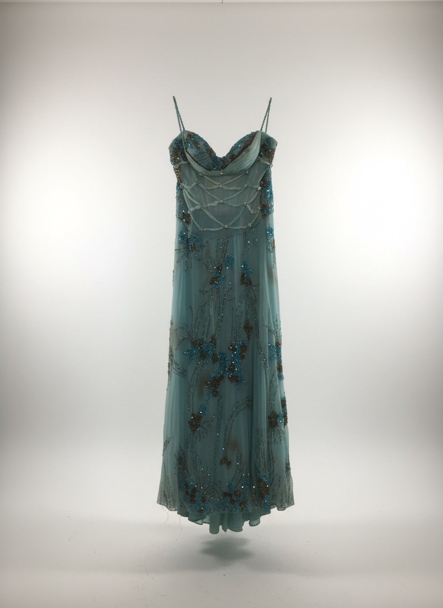 Robe soirée fond bleu turquoise avec motif marron