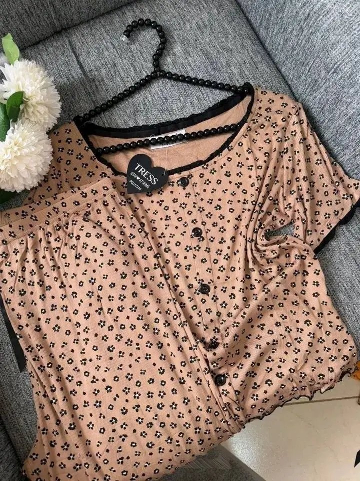 Pyjama 100% coton de la marque Tress couleur marron orangé vert pistache taille 38 40 