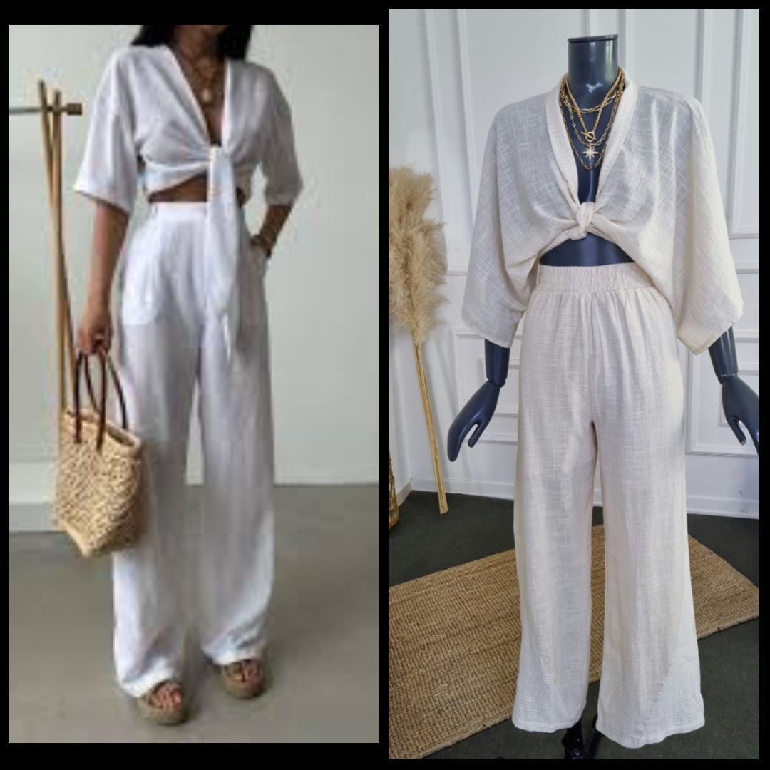 Joli set en lin haut croisé et pantalon large avec une doublure short 🩵 T38 neuf avec étiquette  💗20% de remise avec le code