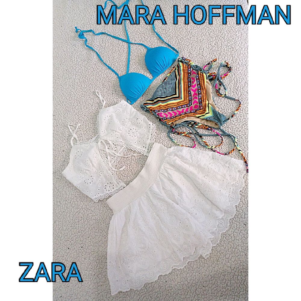 Joli lot de plage 🩵🩵🩵 bikini stylé MARA HOFFMAN T36 comme neuf + set de plage à broderie anglaise zara + un 🎁 SURPRISE  💕 