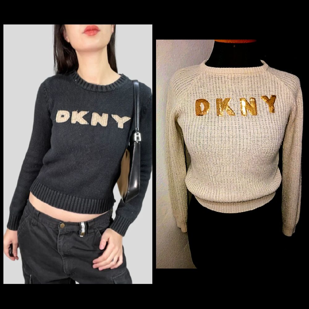 Joli pull en maille avec fil doré et logo à paillettes DKNY AUTHENTIQUE taille M 💕 porté une seule fois tt comme neuf aucun défaut 🤩