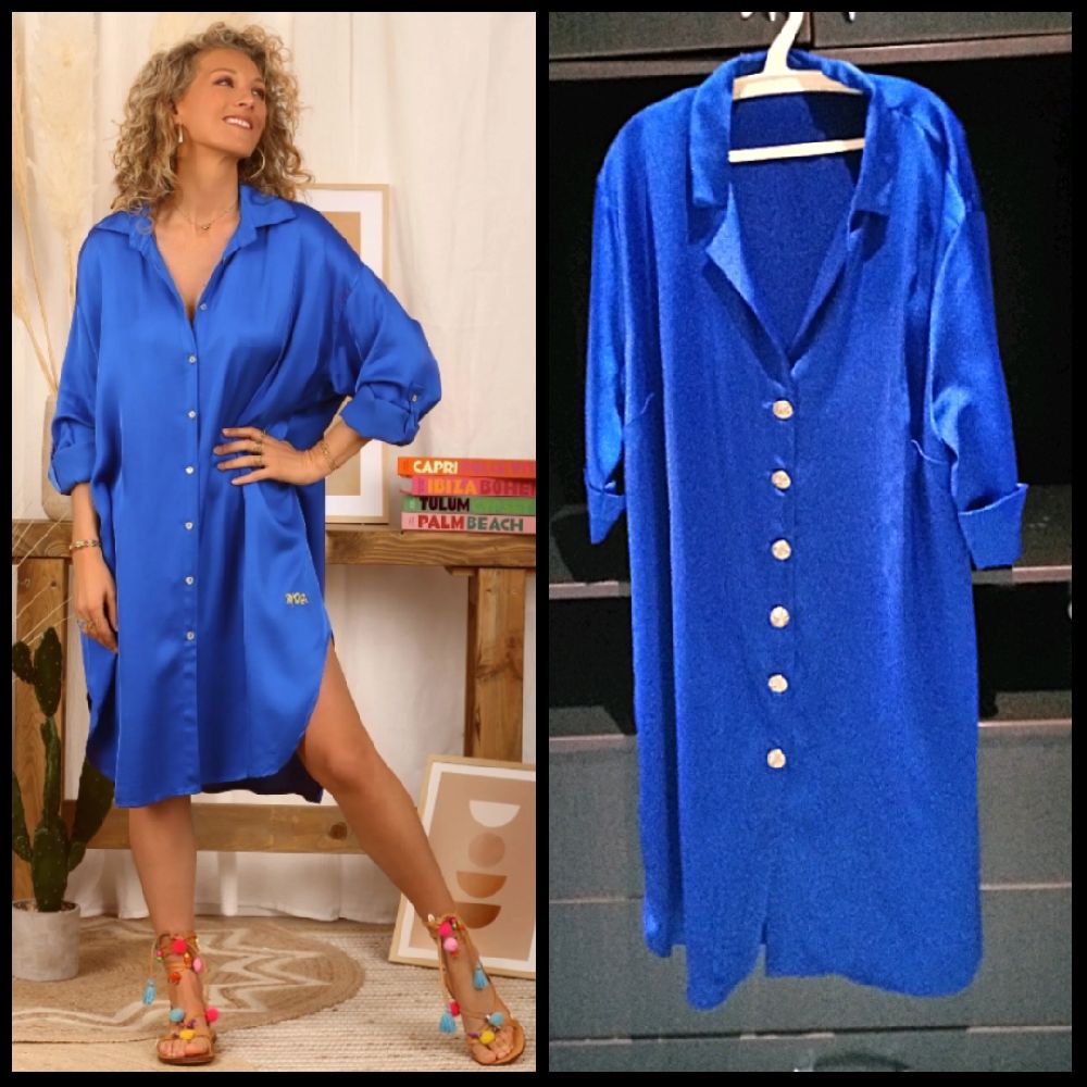 Jolie robe chemise oversize en satin de soie très chic T42/44 faite sur mesure neuuuve 🩵🩵🩵