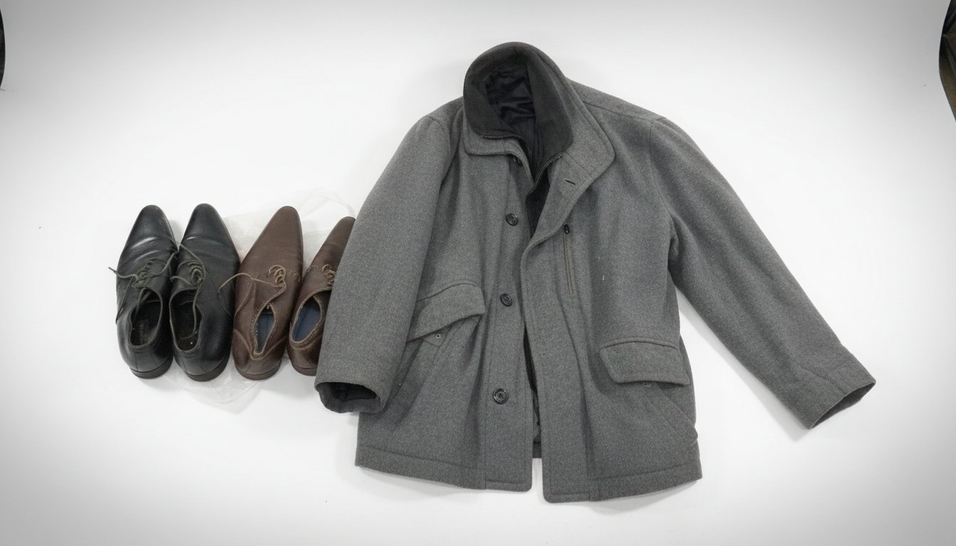 Veste cashmir gris et deu chaussures cuir un noir lautre et marrons 