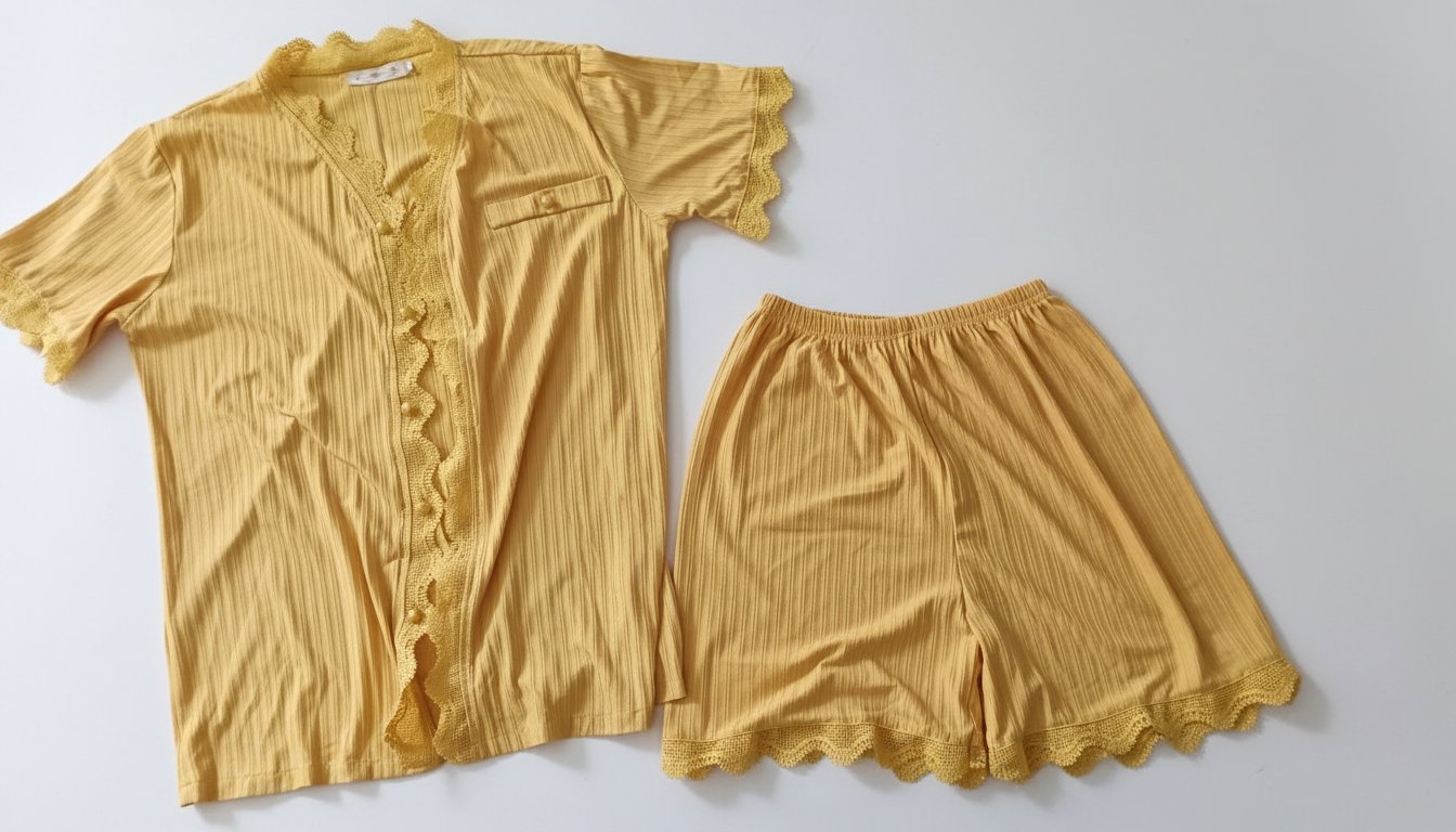 Ensemble Pyjama Jaune avec Dentelle – Deux Pièces+ Short Rose OFFERT
