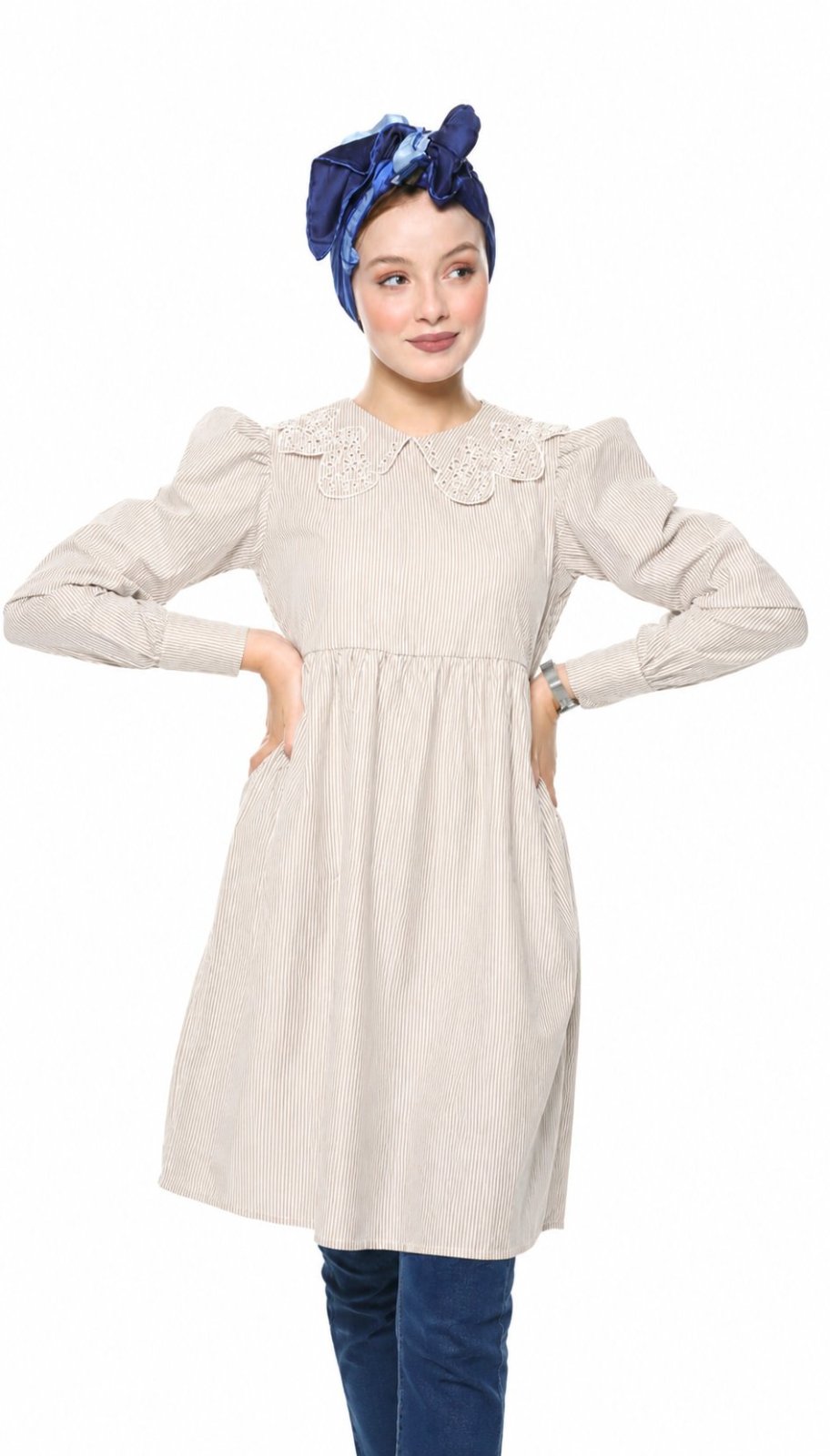 Tunique beige rayée avec col brodé 40/42