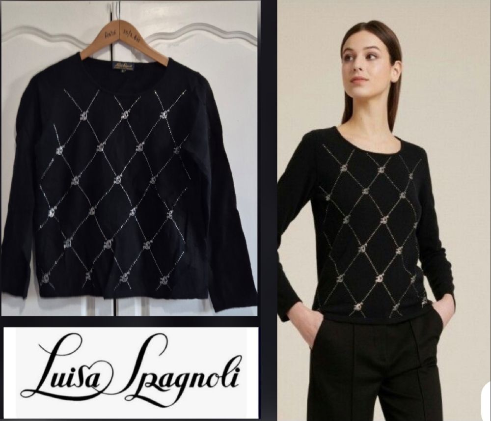 Magnifique pull luisa spagnoli avec logo en strasse en laine et cachemire 