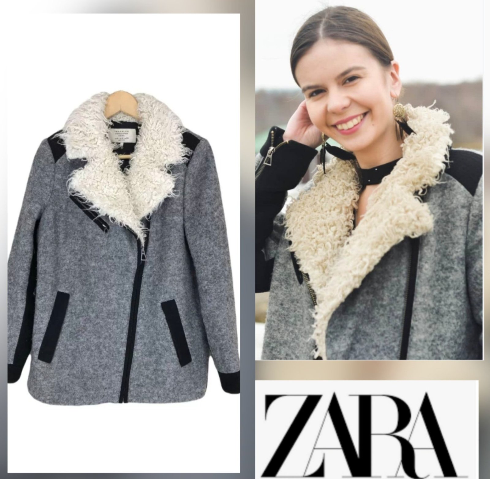 Magnifique manteau zara en laine mélangé col à fausse fourrure 