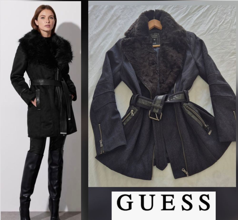 Magnifique manteau ceinturé  guess authentique col à fourrures zippé tt neuf