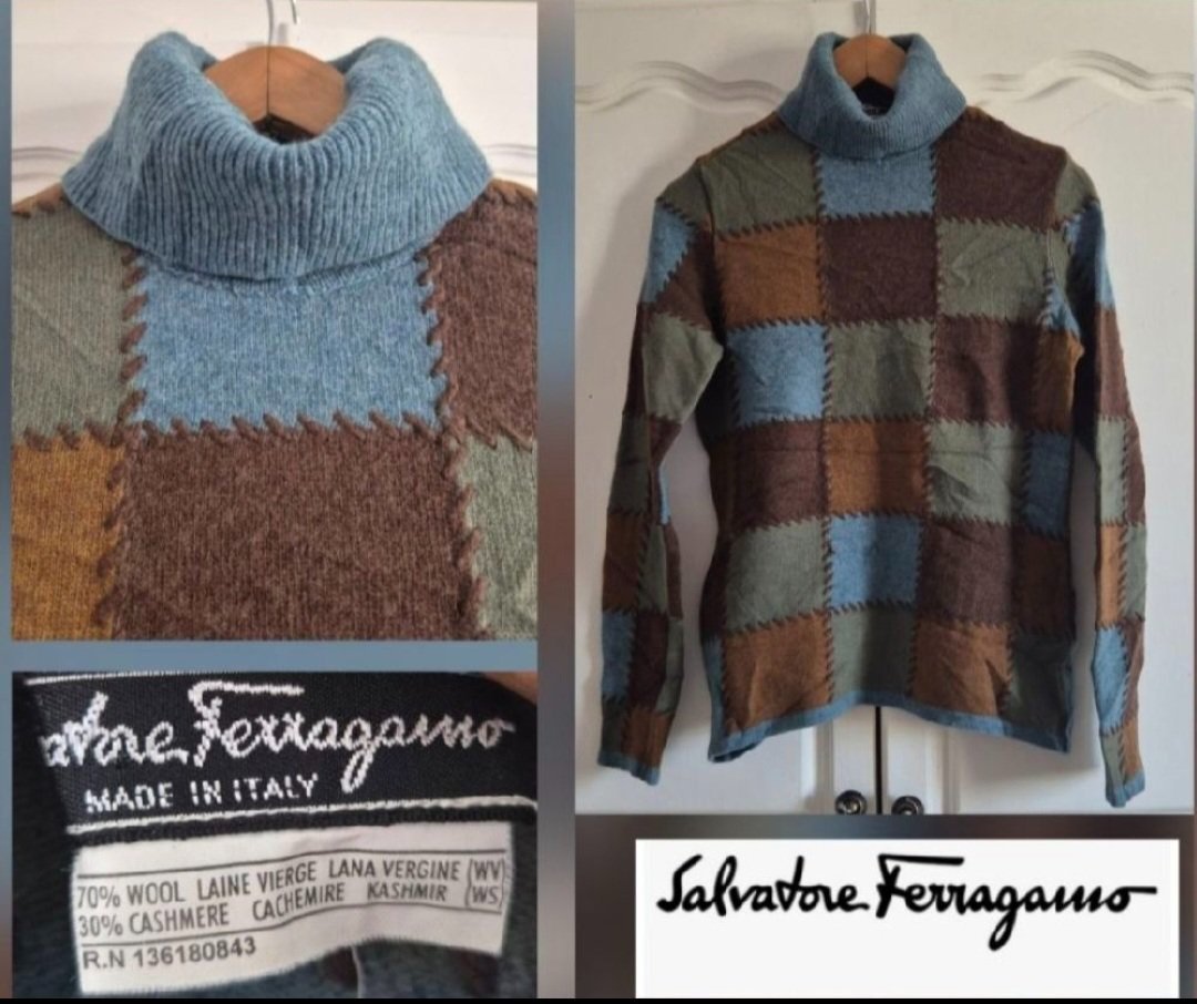Magnifique pull ferragamo authentique à carreauxen laine viérge et cachemire col roulé neuf
