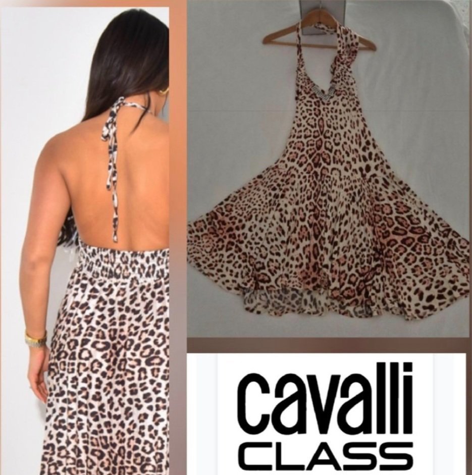 Sublime robe léopard roberto cavalli class dos nu avec col v à strass trés stylé