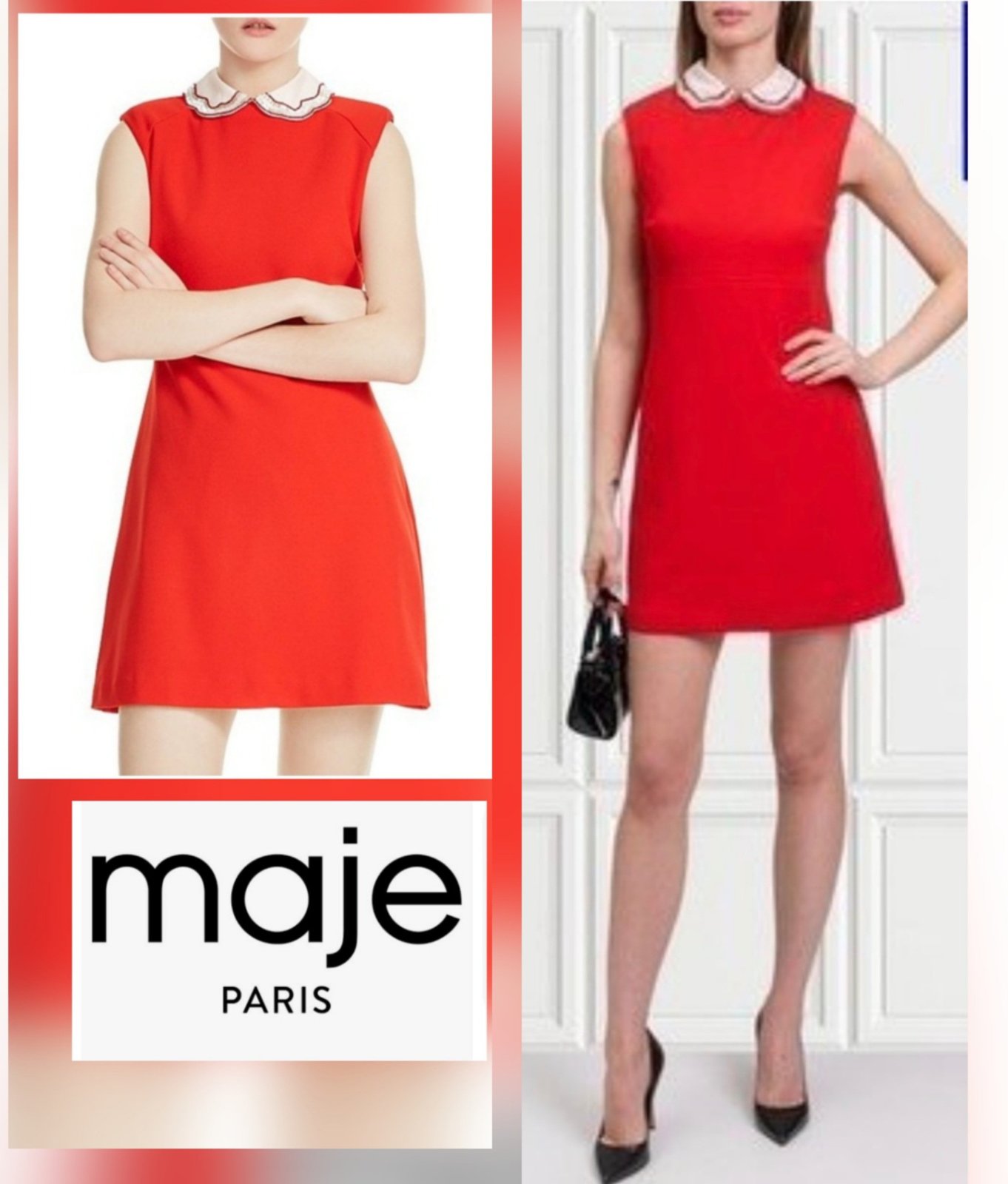Sublime robe maje rouge à cole rosé claudine perlé amovible trés chic
