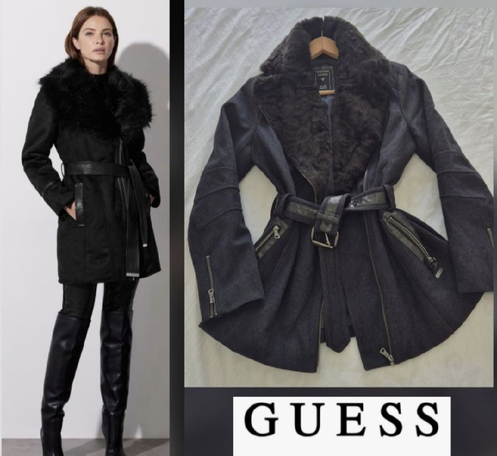 Magnifique manteau guess col à fourrure ceinturé tt neuf
