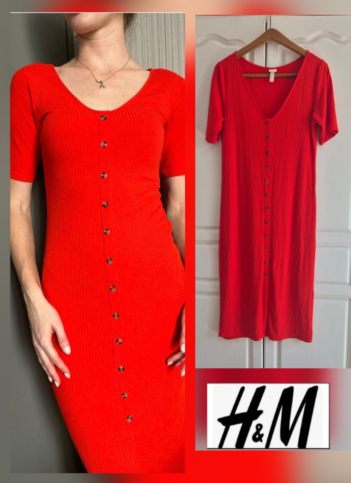 Sublime robe mi-longue h&m rouge coteleé boutonneé  exellent état