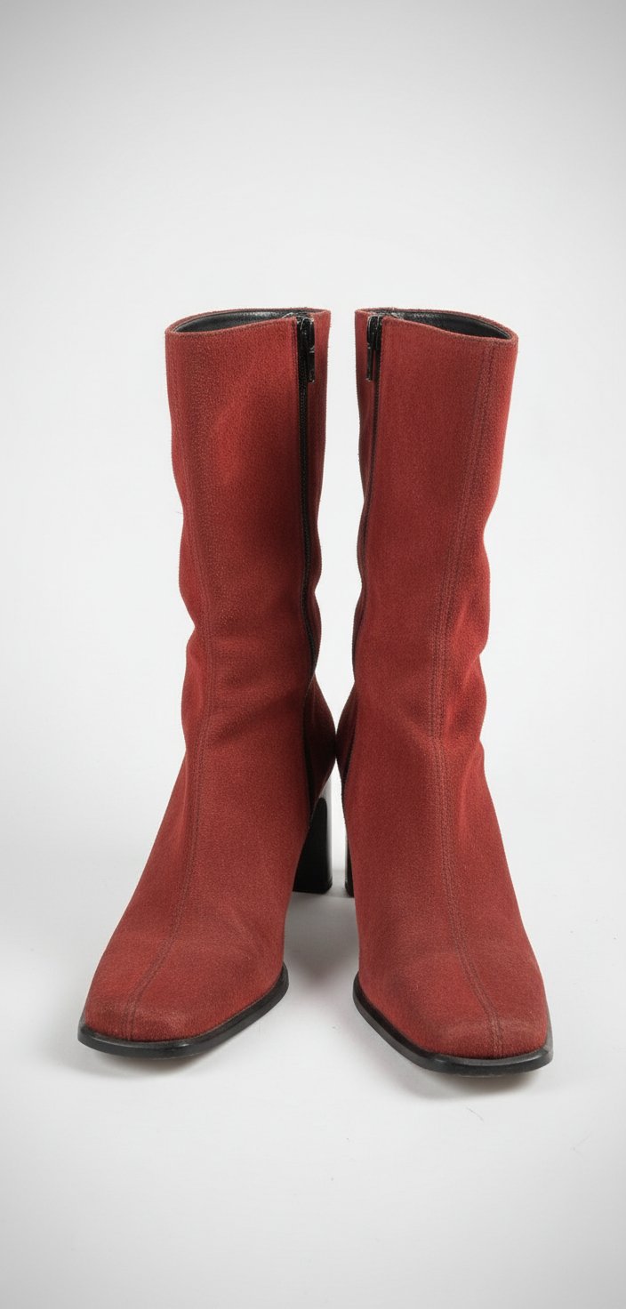 Bottines daim rouge bordeaux.