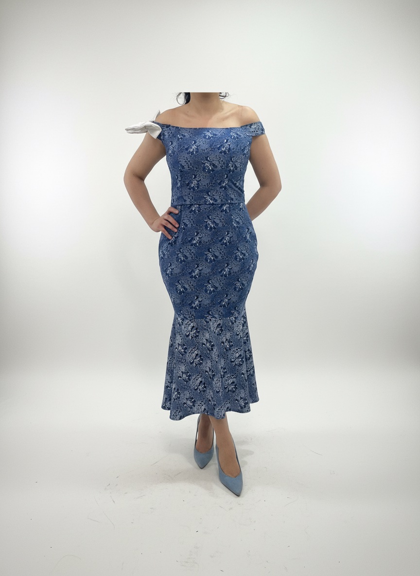 A blue floral print off-the-shoulder mermaid dress with a ruffled hem and a white bow detail on the shoulder