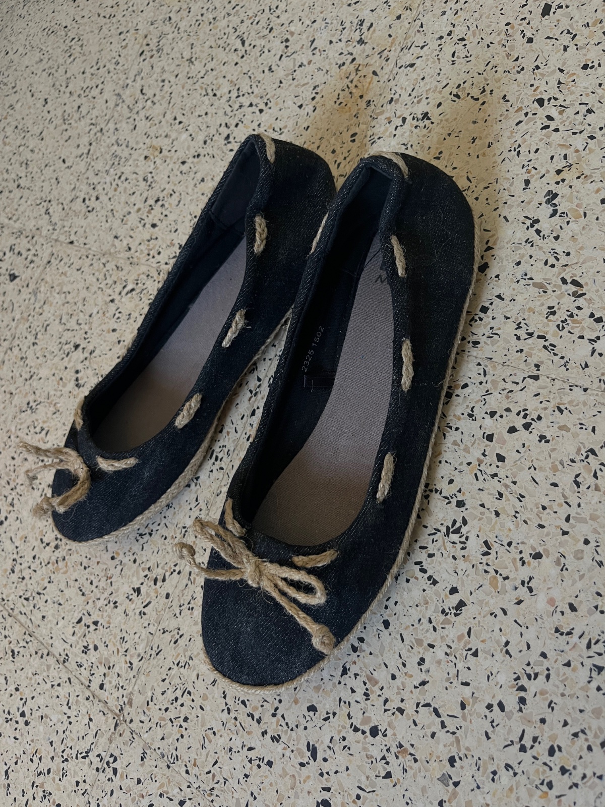 Black denim Blu Motion slip-on espadrille flats with rope bow details