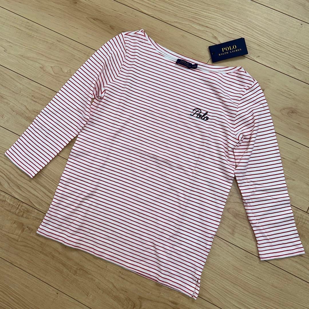 Red and white striped long-sleeve cotton top by Polo Ralph Lauren featuring a cursive embroidered logo. 