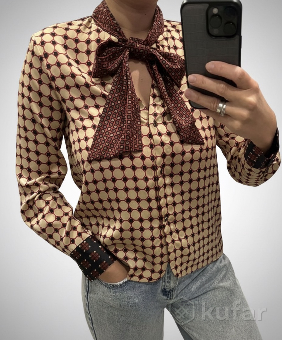 Zara geometric print tie neck blouse featuring a distinctive retro pattern