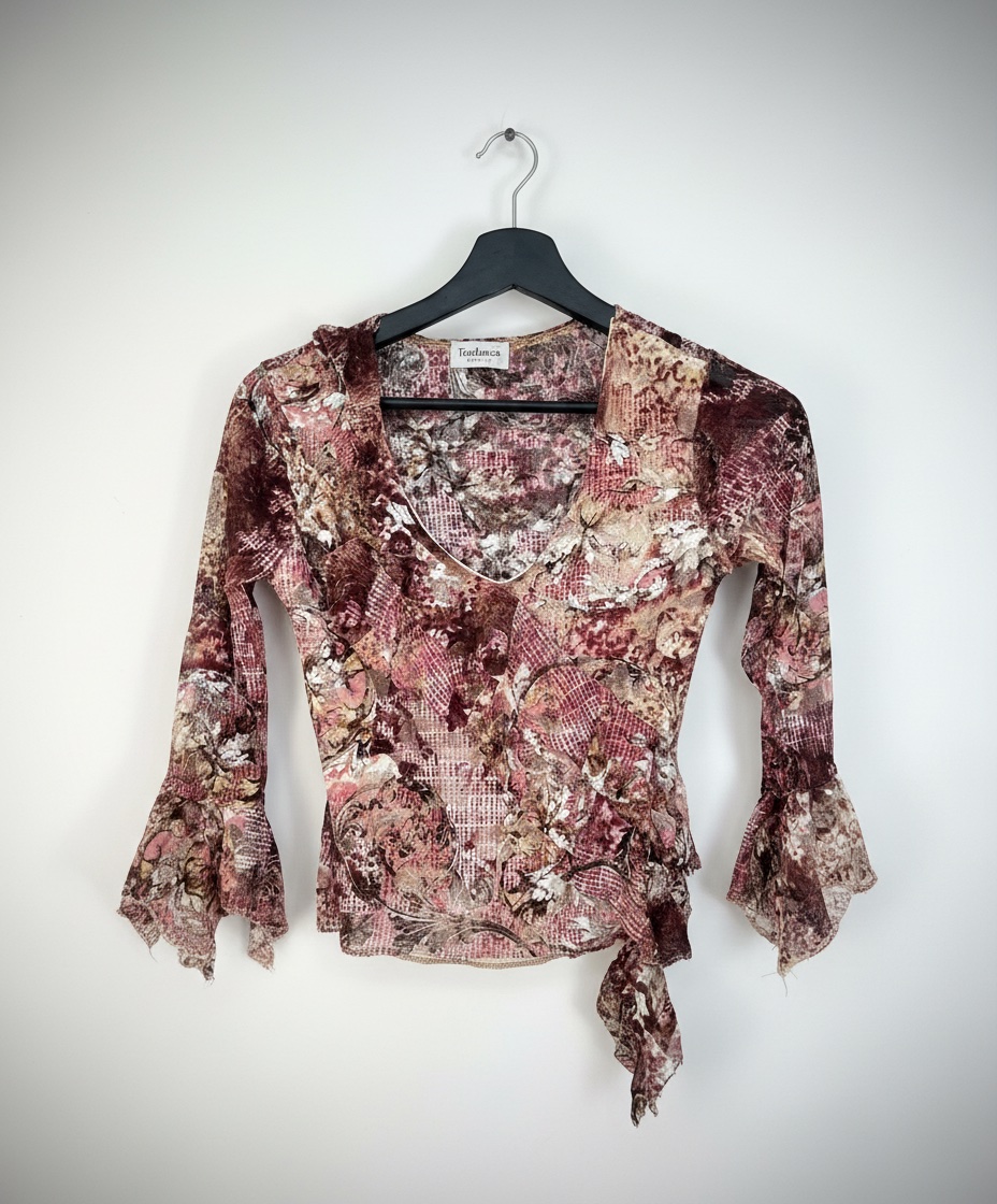 A vintage Tendance Paris top features a sheer, floral mesh design with distinct bell sleeves