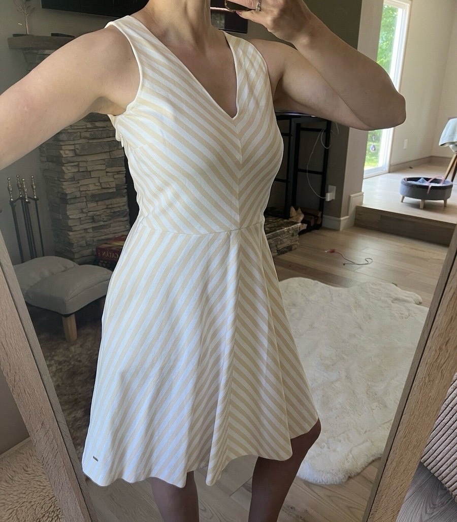 Tommy Hilfiger yellow and white striped chevron fit and flare dress