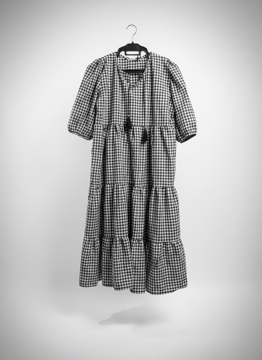 Tiered smock dress in a black and white cotton gingham pattern