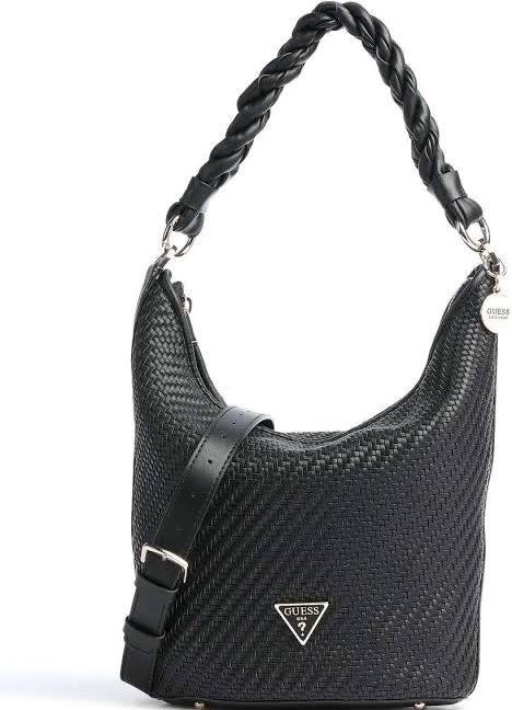 This Guess Hassie Bucket Hobo bag features a black woven design and a braided top handle