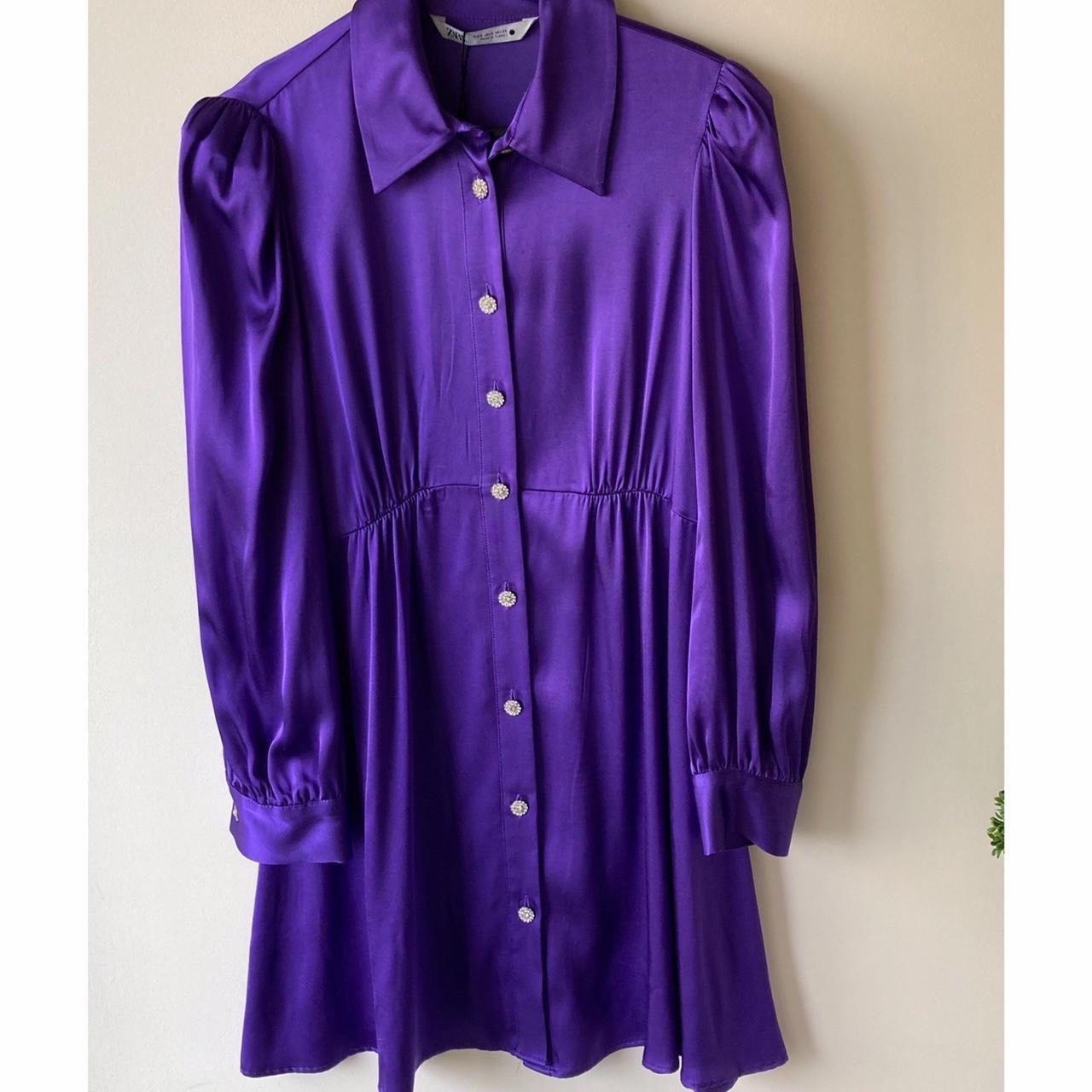 Zara purple satin-effect shirt dress featuring jeweled button closures and puffed shoulders