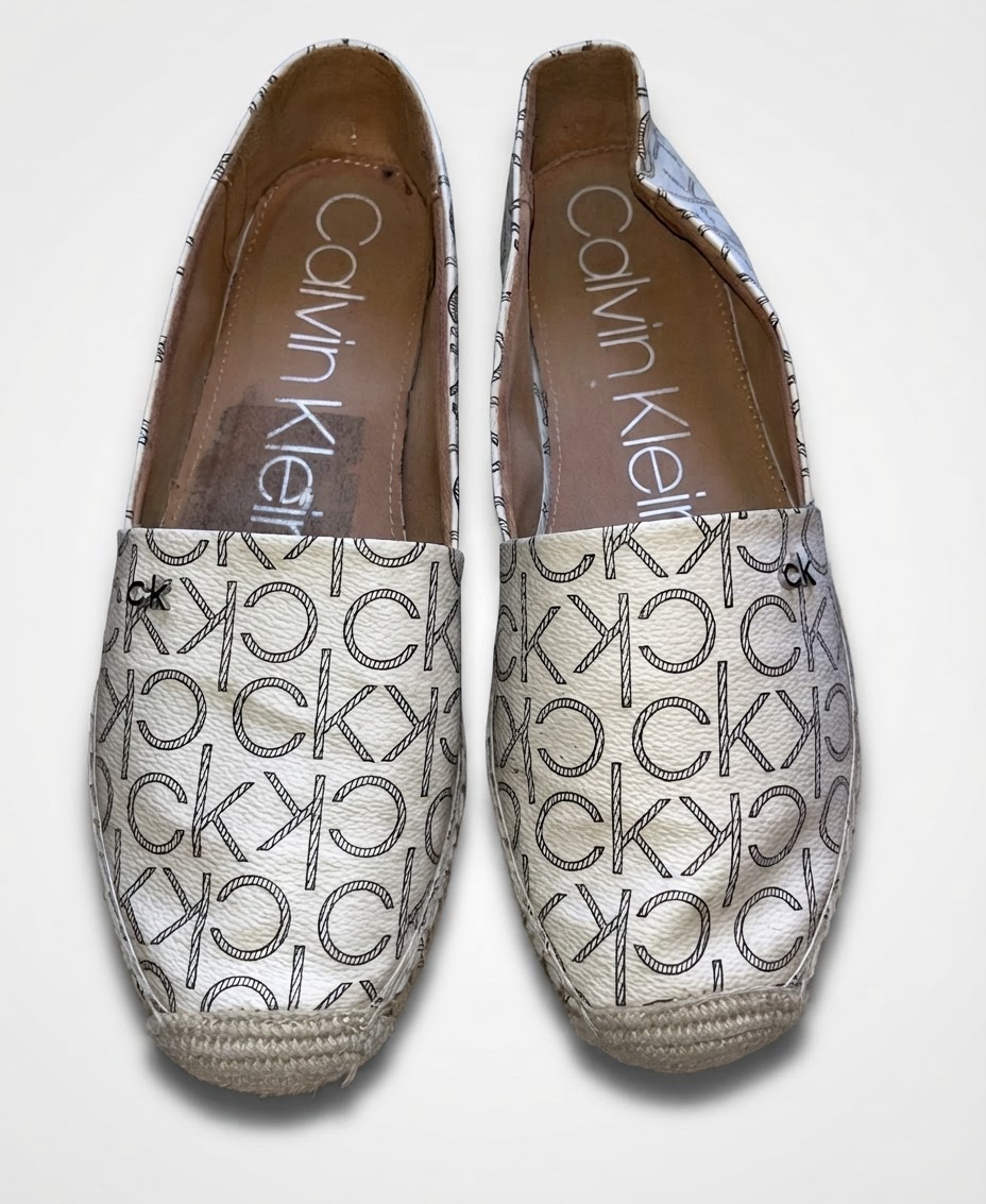 Calvin Klein – Espadrilles femme à motifs monogramme, couleur beige et blanc, élégantes et tendance ❤️❤️