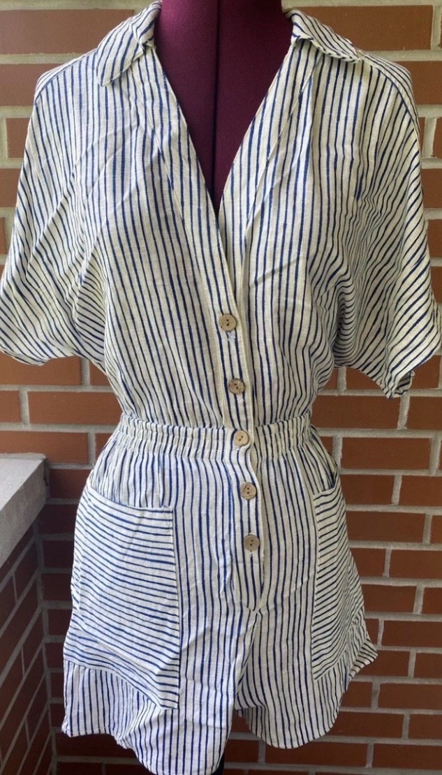Blue striped Zara playsuit is crafted from a linen blend and features a button-up front
