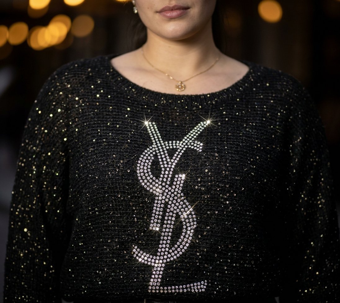 🏷️ Pull chauve-souris noir pailleté strass – Style YSL fabriqué en Italie 🇮🇹.