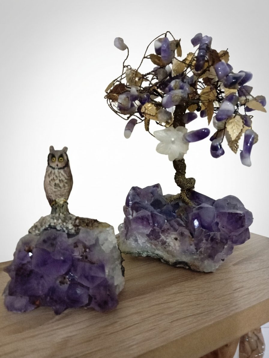 Lot Déco Zen - Arbre de Vie et Chouette sur Améthyste Véritable