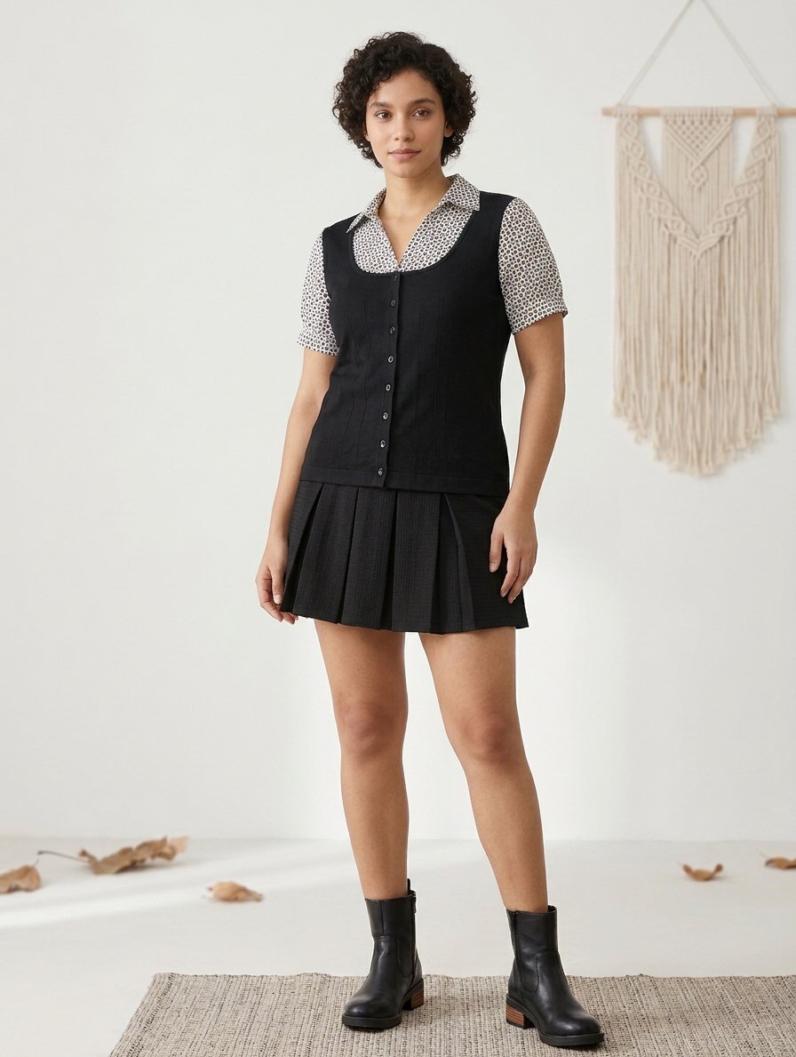 Haut effet 2-en-1 chic (Gilet noir & Chemisier à pois) – Laura Plus