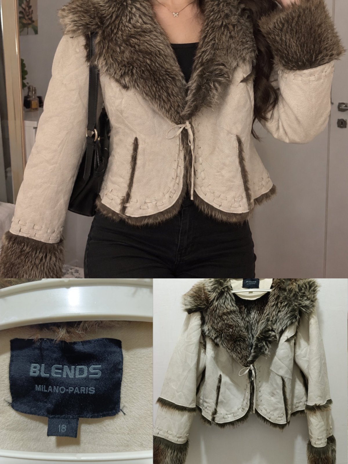 • Veste courte en suédine et fausse fourrure Blends Milano-Paris - Taille 18 (XL/XXL) - Beige