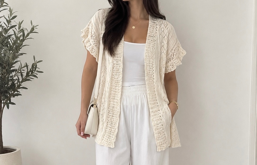 Gilet en crochet de couleur blanc sale