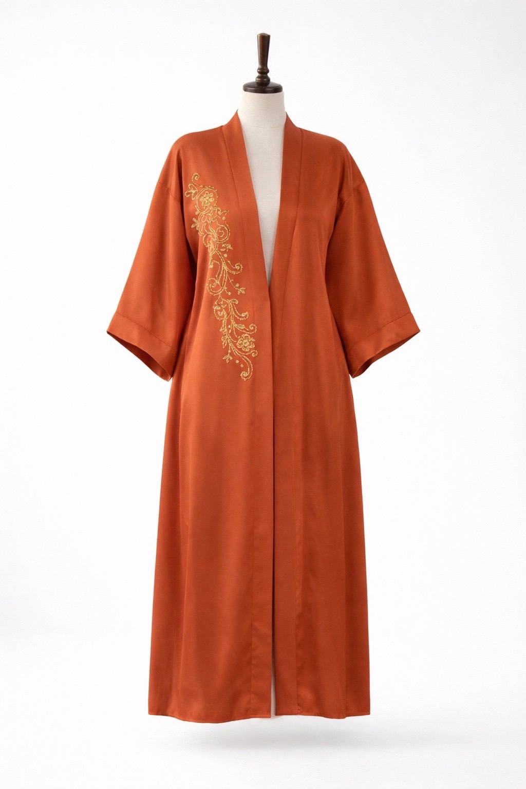 Abaya en soie dispo orange et bordeaux