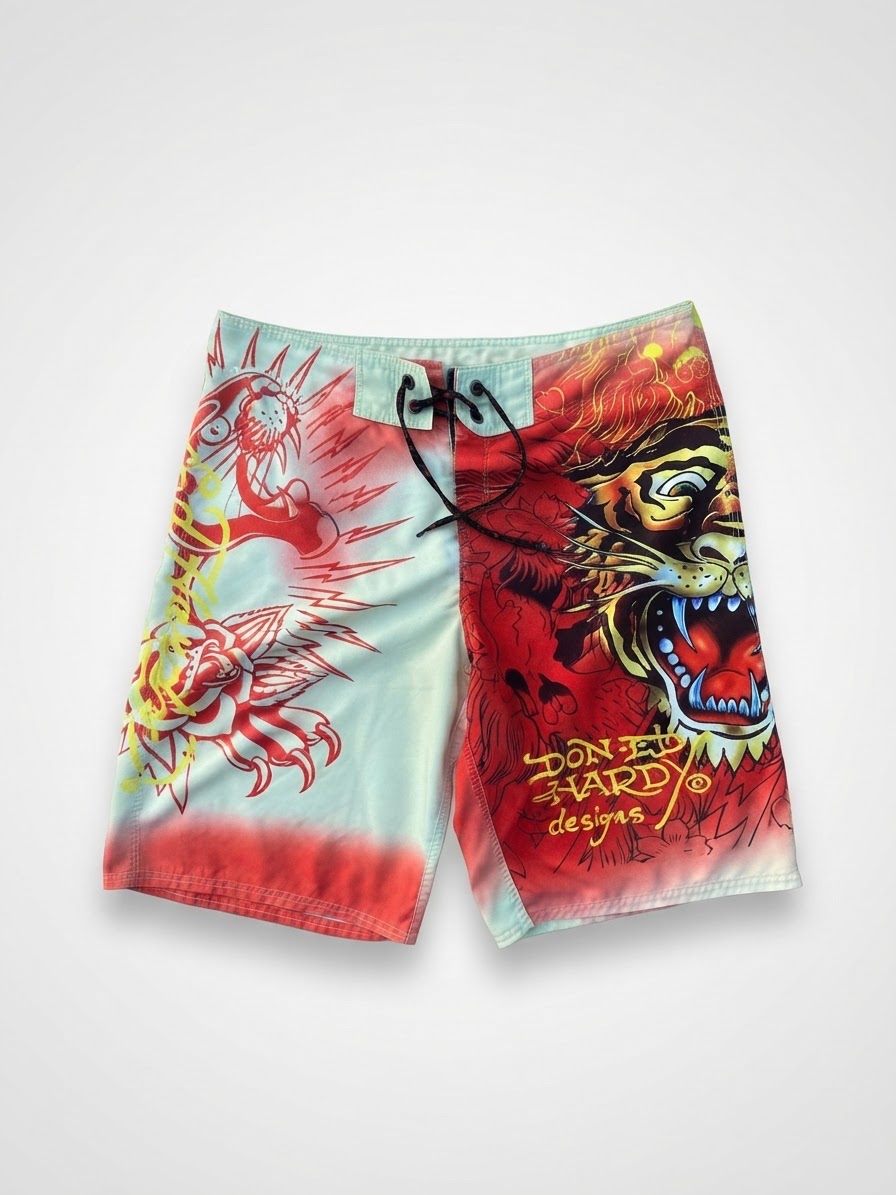 🐯 Ed Hardy – Short de Bain Vintage Y2K Graphic Tiger & Rose