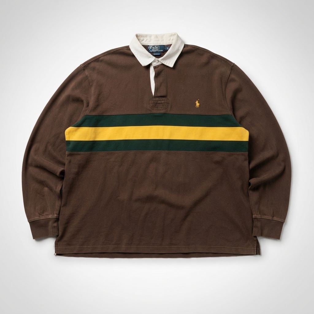 🏉 🤎 Polo Ralph Lauren Vintage Rugby Shirt Marron & Rayures Vert/Jaune 💛 🟢